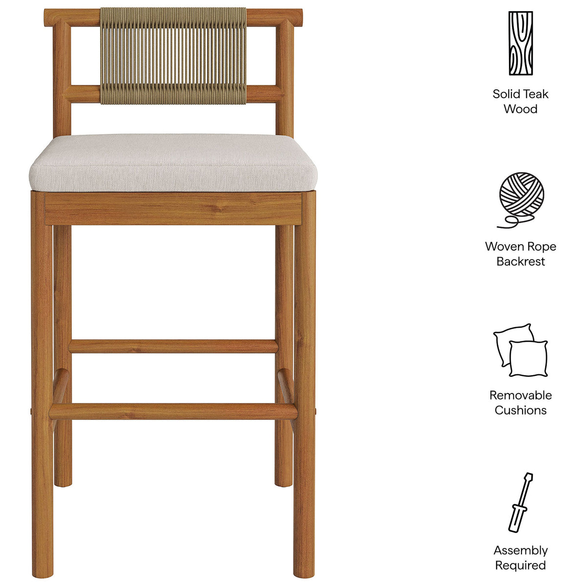 Feature callouts for teak bar stool highlighting rope back, removable cushion and assembly || EEI-7626-NAT-SAI || callout_studio