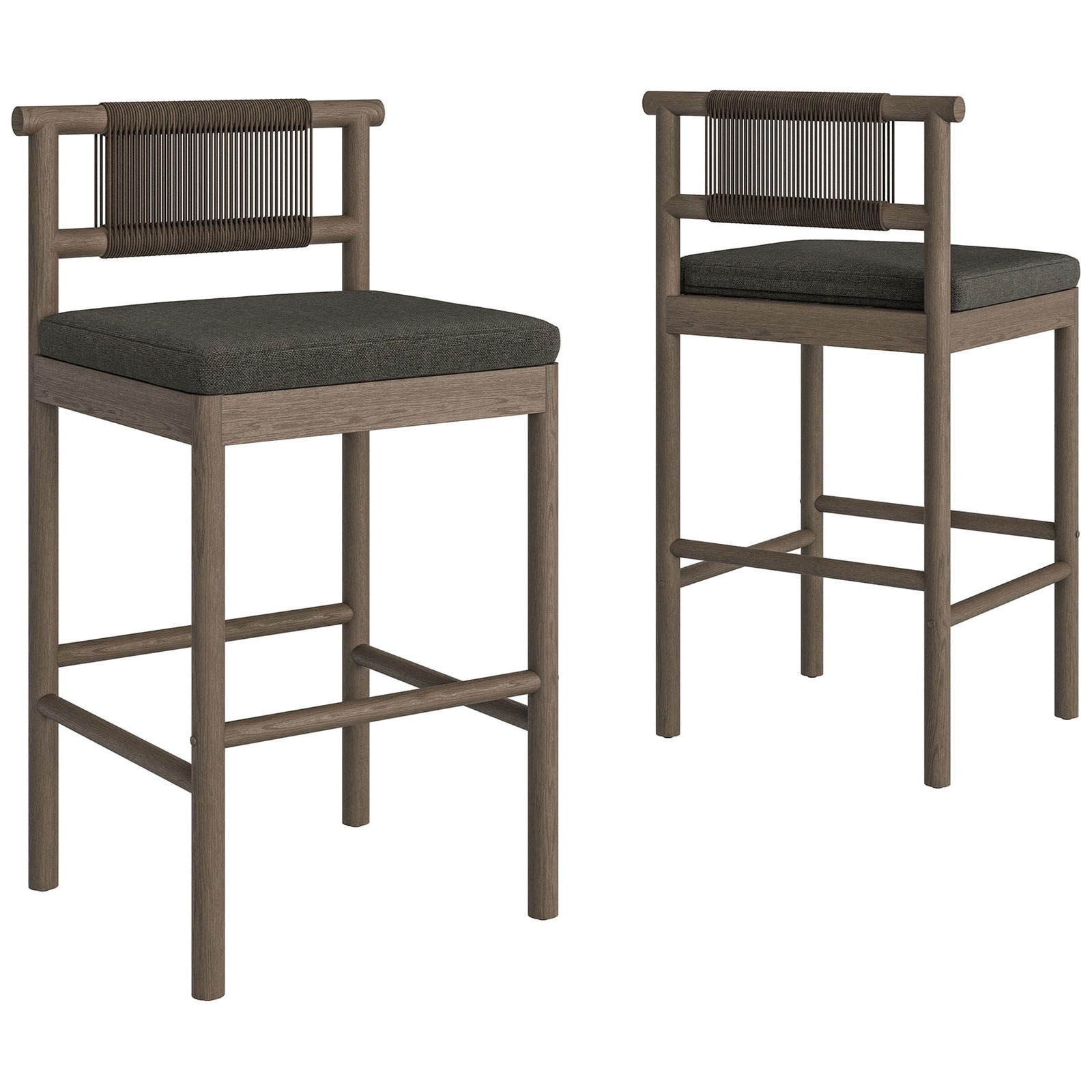 Set of two weathered gray bar stools with rope backs and charcoal cushions for outdoor bars || EEI-7626-WGR-FLI || front_angle_multi_studio