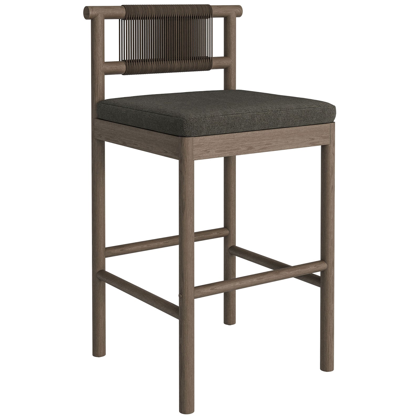 Angled view of weathered gray bar stool showcasing airy rope back and cushioned seat || EEI-7626-WGR-FLI || front_angle_studio