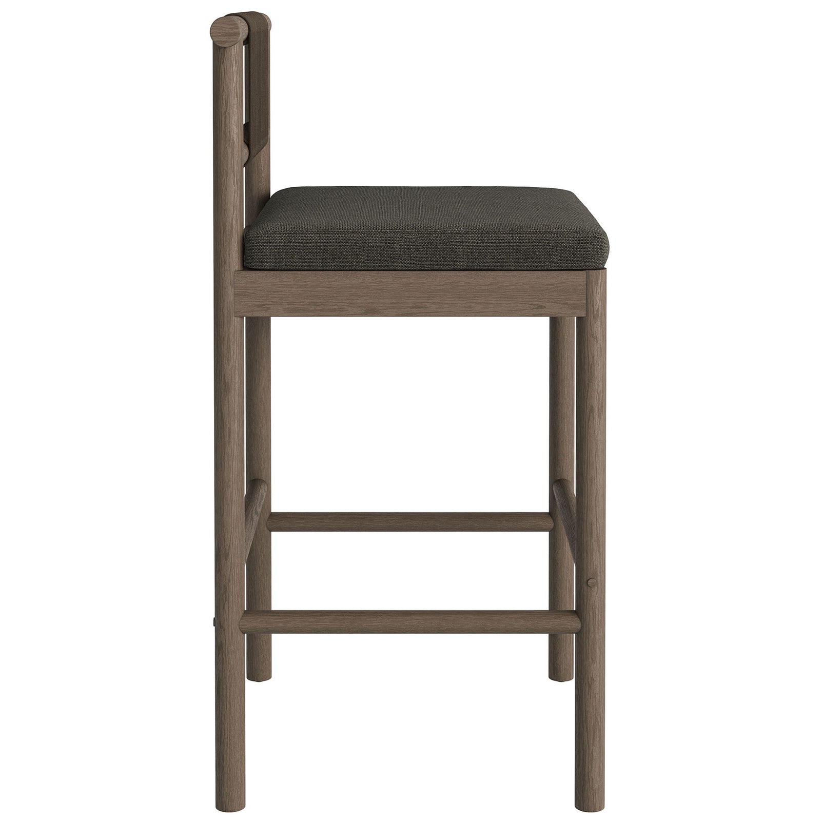 Side profile of weathered gray bar stool with sturdy legs, footrests and padded seat || EEI-7626-WGR-FLI || side_studio