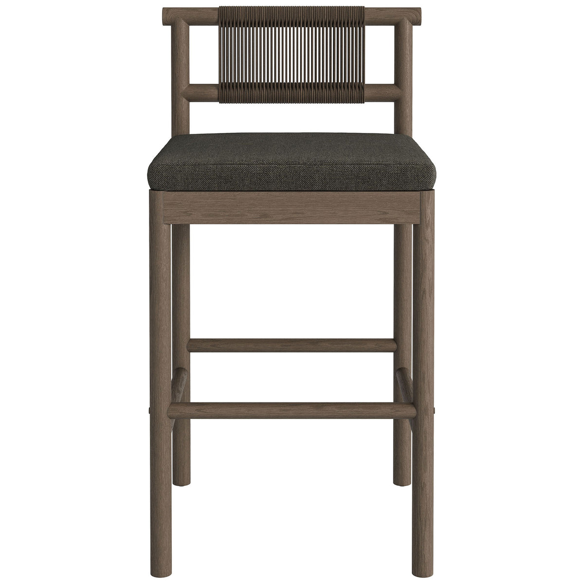 Weathered gray teak bar stool with woven rope backrest and dark charcoal seat cushion || EEI-7626-WGR-FLI || front_studio