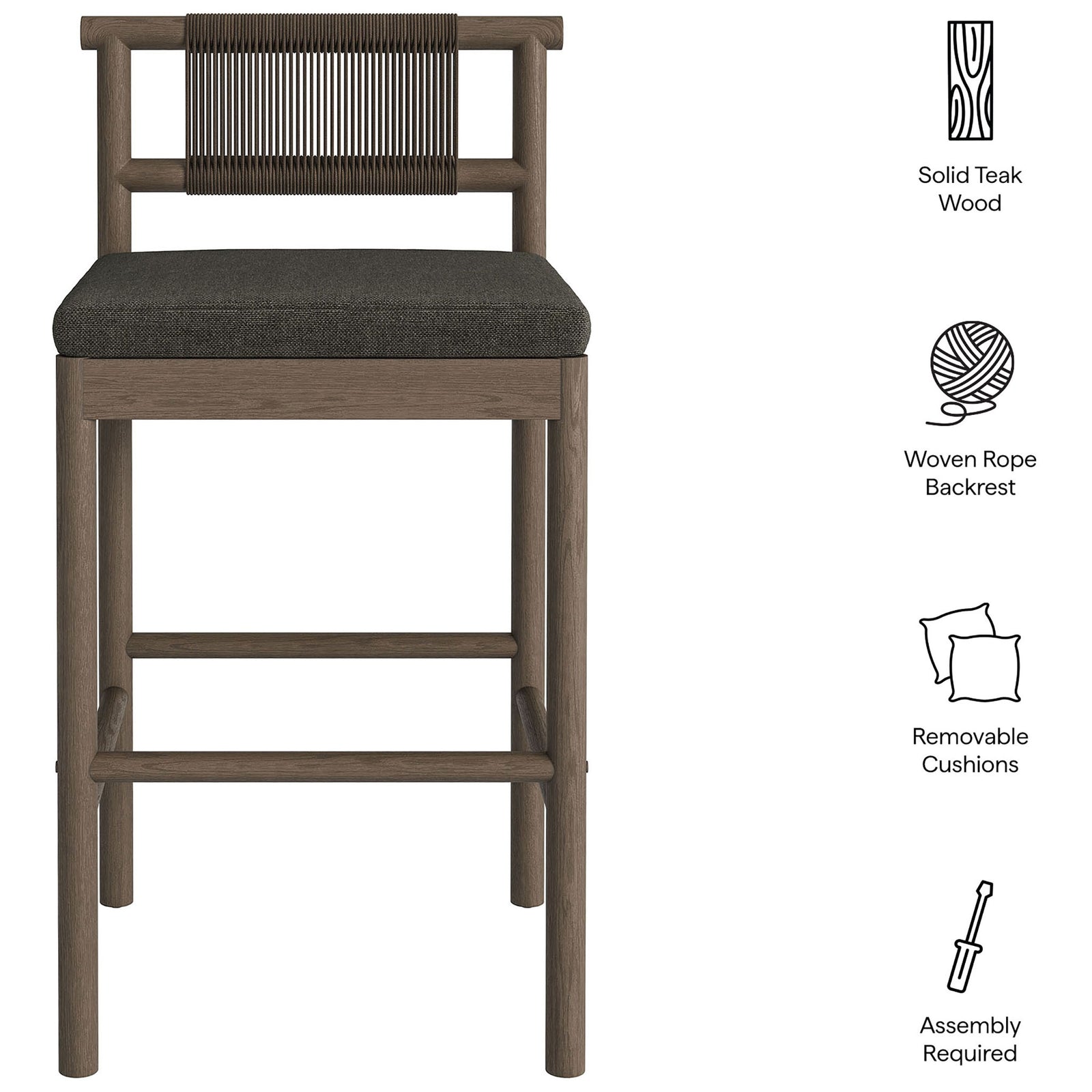 Feature callouts for weathered gray bar stool highlighting rope back, cushion and assembly || EEI-7626-WGR-FLI || callout_studio