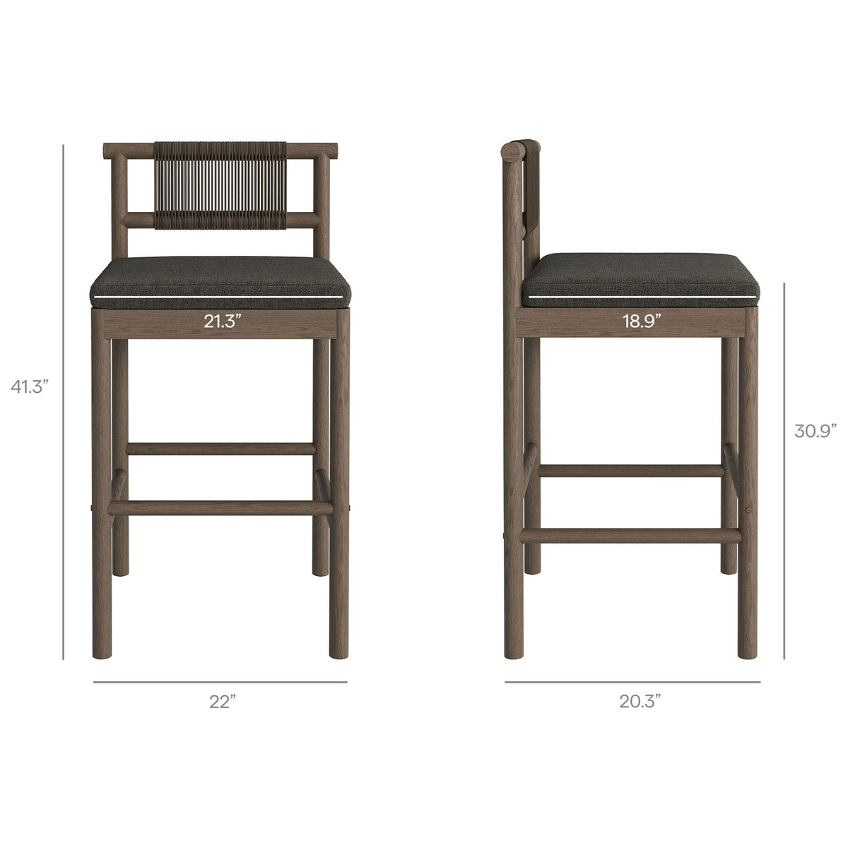 Dimensions diagram for weathered gray bar stool with cushion showing seat height and width || EEI-7626-WGR-FLI || dimension_studio