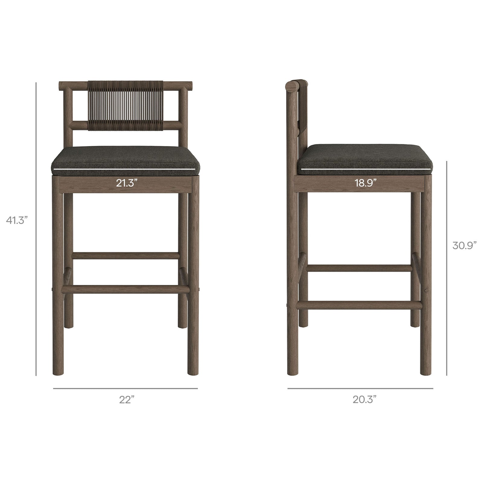 Dimensions diagram for weathered gray bar stool with cushion showing seat height and width || EEI-7626-WGR-FLI || dimension_studio