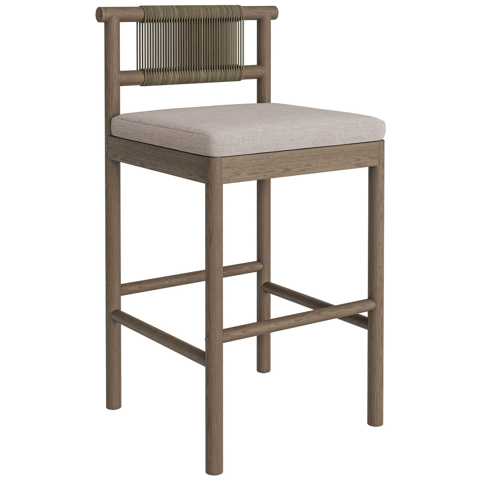 Angled view of weathered gray bar stool showcasing airy rope back and pebble cushion || EEI-7626-WGR-PEB || front_angle_studio