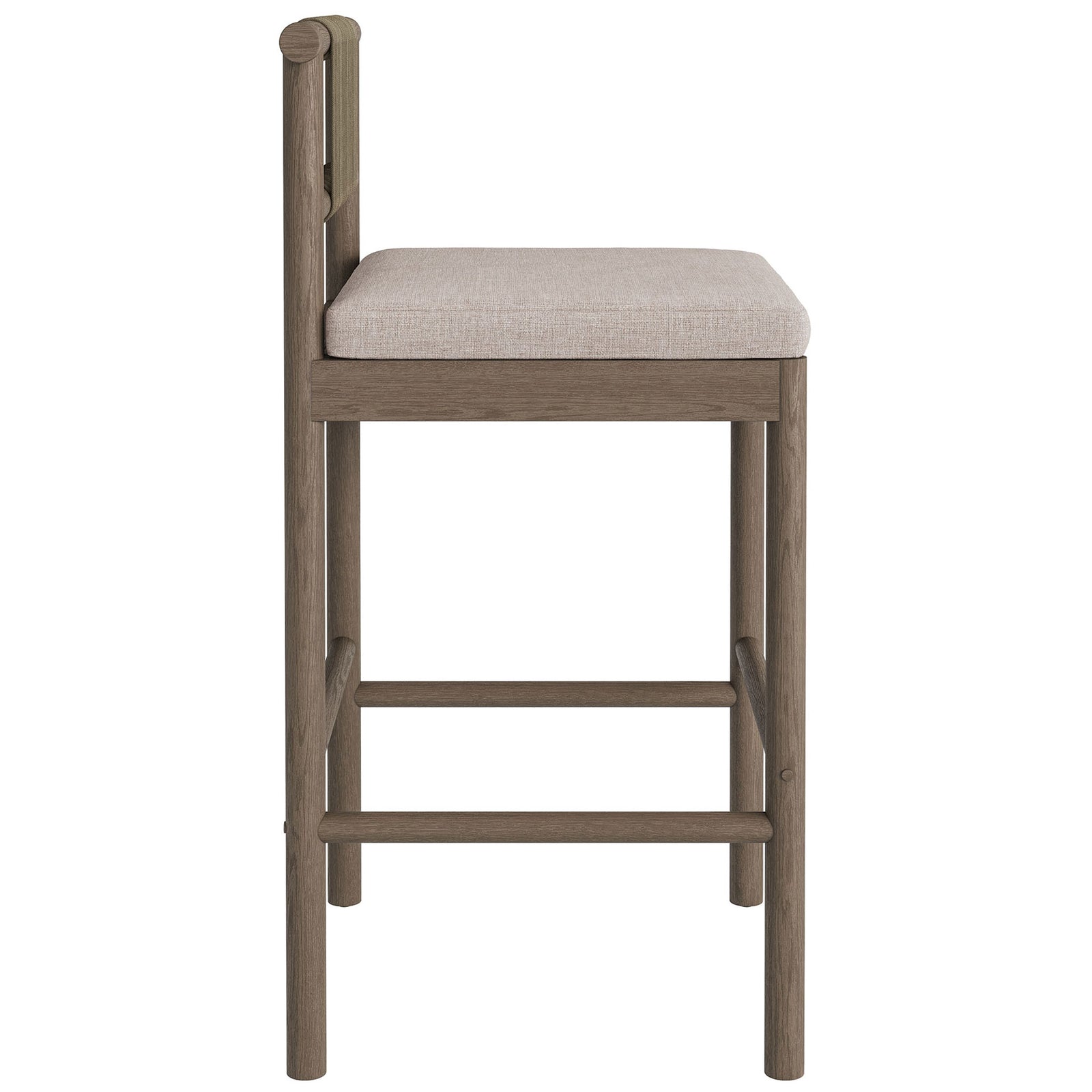 Side profile of weathered gray bar stool with sturdy legs, footrests and padded seat || EEI-7626-WGR-PEB || side_studio