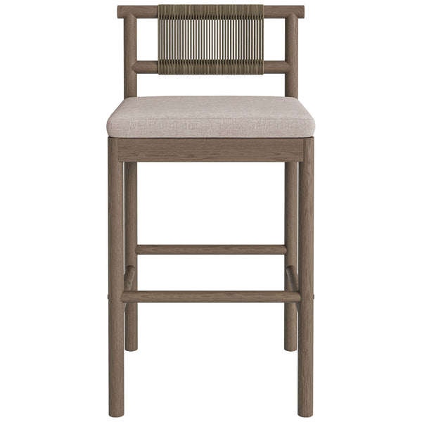 Weathered gray teak bar stool with woven rope backrest and light pebble seat cushion || EEI-7626-WGR-PEB || front_studio