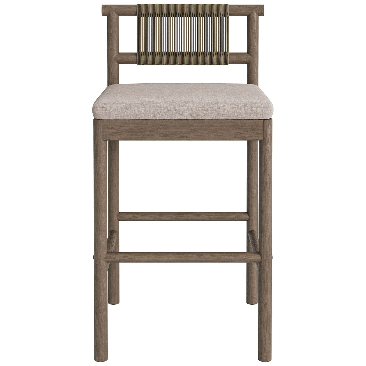 Weathered gray teak bar stool with woven rope backrest and light pebble seat cushion || EEI-7626-WGR-PEB || front_studio