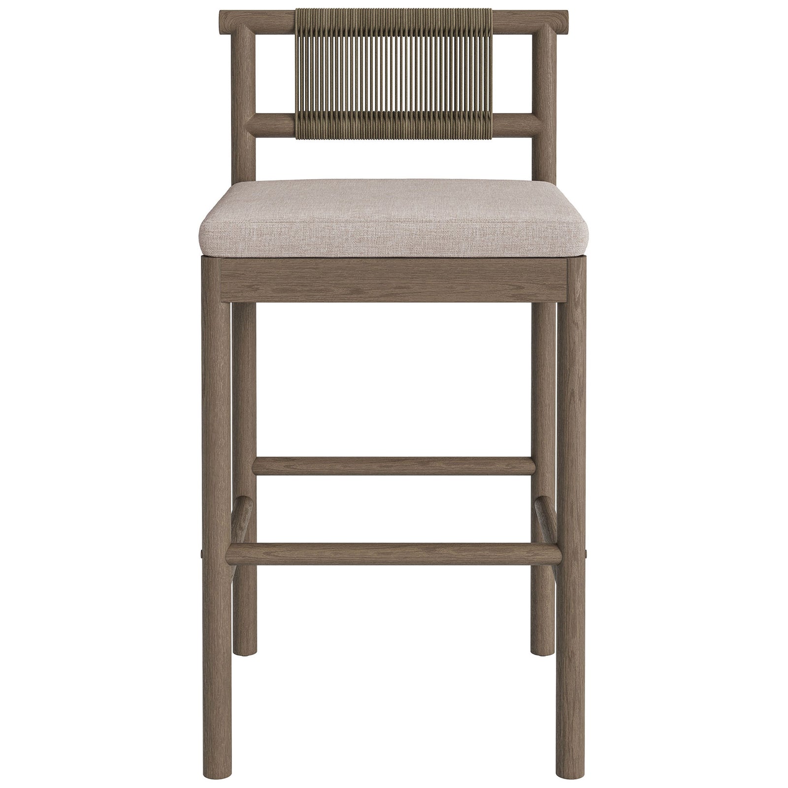 Weathered gray teak bar stool with woven rope backrest and light pebble seat cushion || EEI-7626-WGR-PEB || front_studio