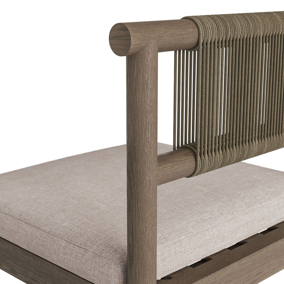 Close-up of rope backrest and textured pebble cushion on weathered gray outdoor bar stool || EEI-7626-WGR-PEB || detail_studio