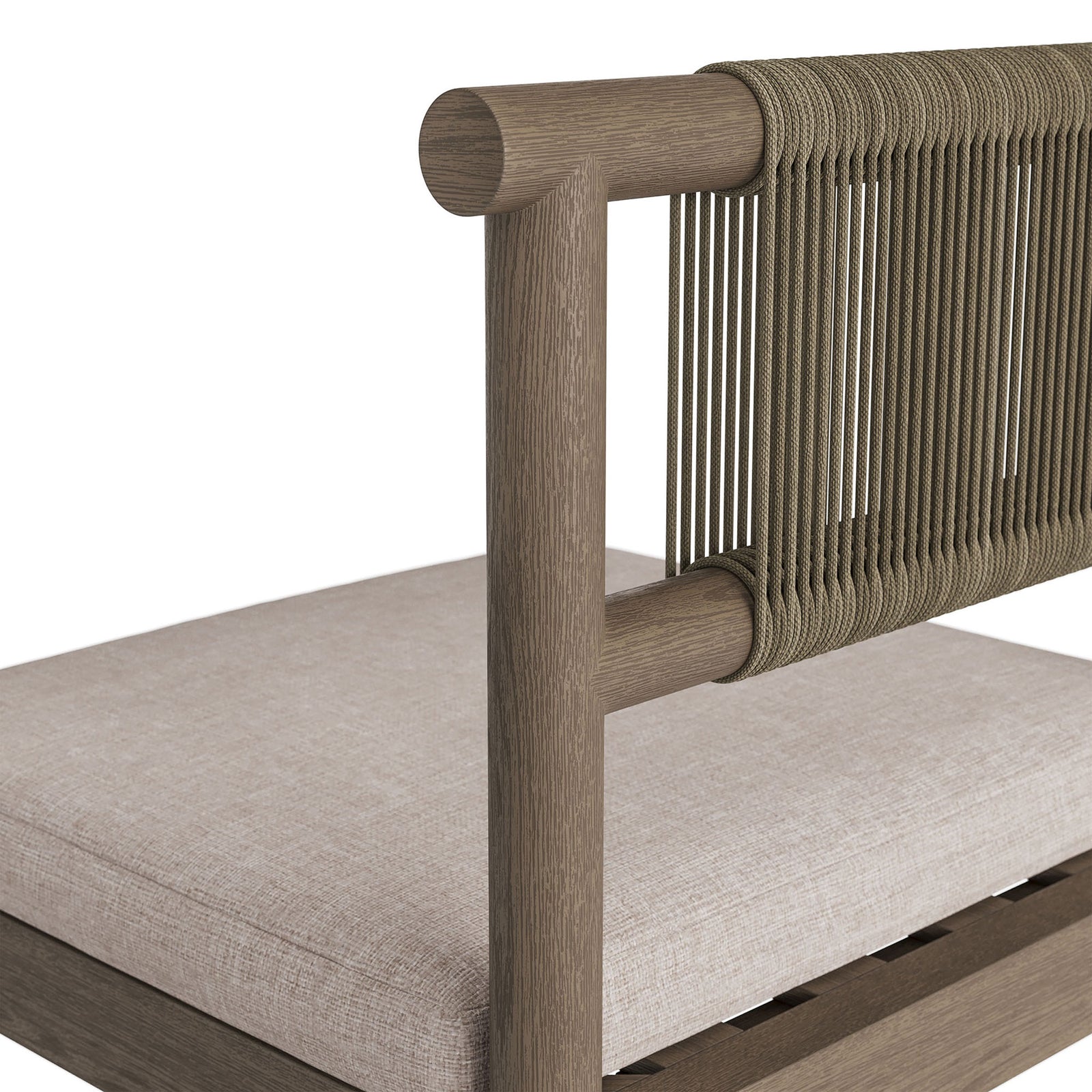 Close-up of rope backrest and textured pebble cushion on weathered gray outdoor bar stool || EEI-7626-WGR-PEB || detail_studio
