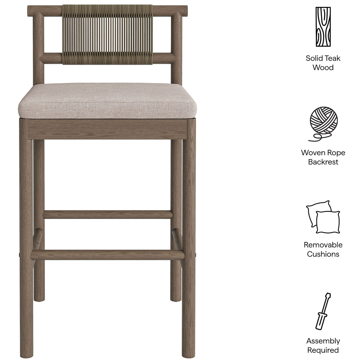 Feature callouts for weathered gray bar stool highlighting rope back, cushion and assembly || EEI-7626-WGR-PEB || callout_studio