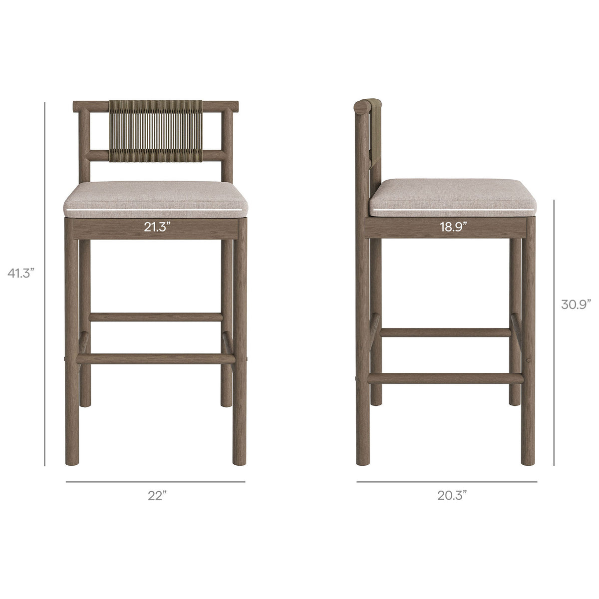 Dimensions diagram for weathered gray bar stool with pebble cushion showing seat height and width || EEI-7626-WGR-PEB || dimension_studio