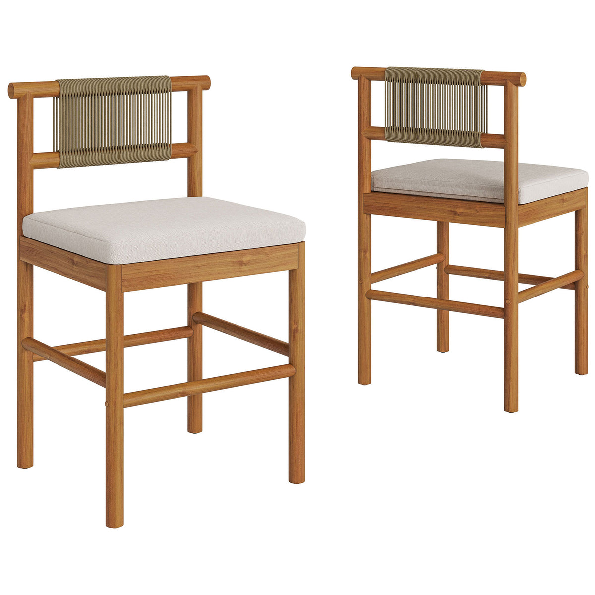 Set of two teak counter stools with rope backs and plush cushions for patio bars || EEI-7627-NAT-SAI || front_angle_multi_studio