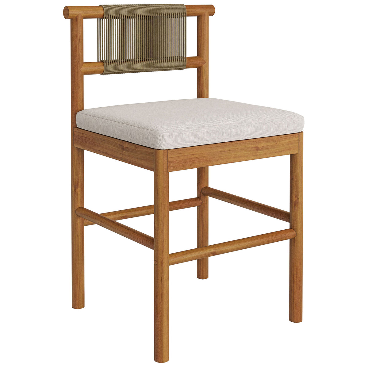 Angled view of teak counter stool showcasing airy rope back and supportive cushion || EEI-7627-NAT-SAI || front_angle_studio