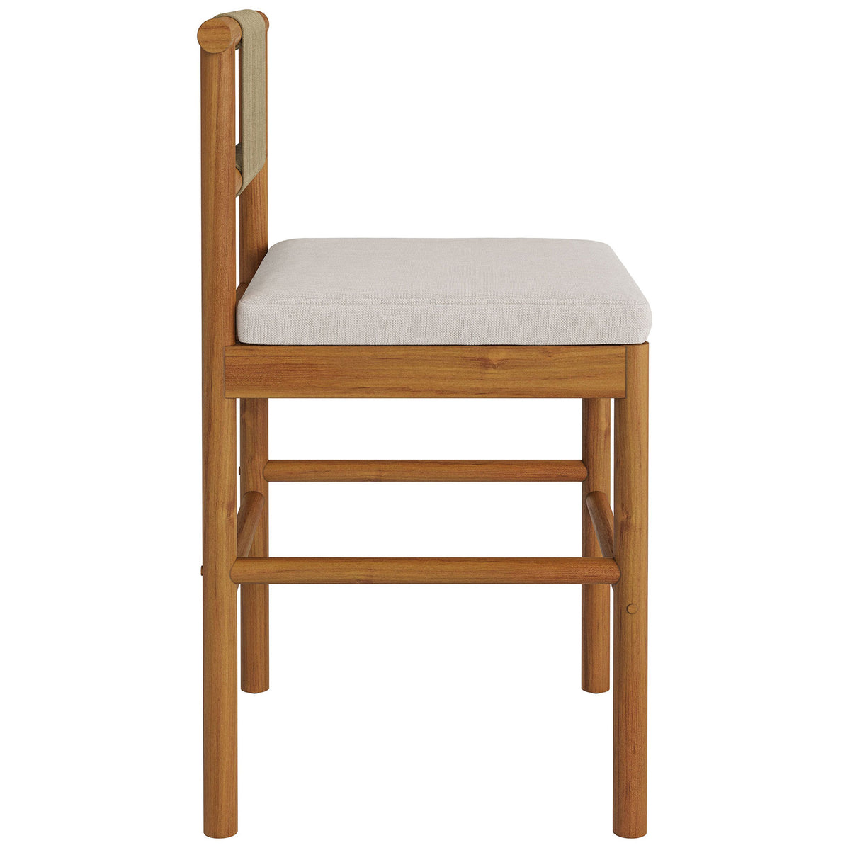Side profile of counter stool featuring solid teak legs, footrests and thick seat cushion || EEI-7627-NAT-SAI || side_studio