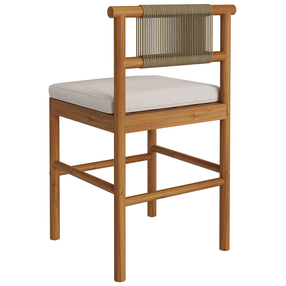 Back view of teak counter stool highlighting vertical woven rope back detail || EEI-7627-NAT-SAI || back_angle_studio