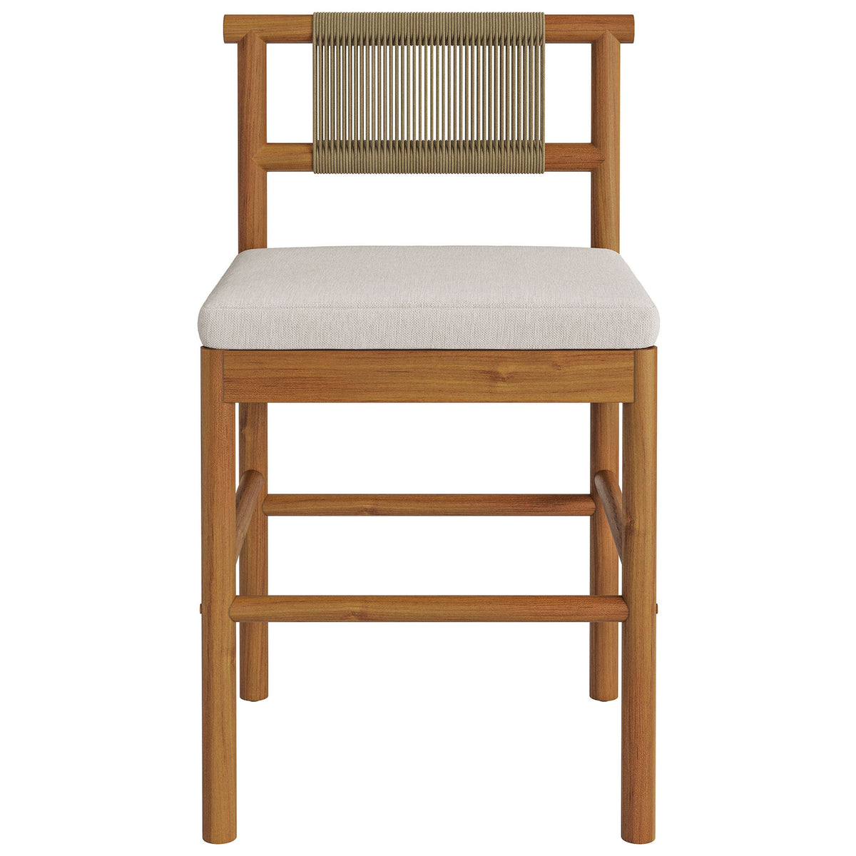 Teak outdoor counter stool with woven rope backrest and removable cream cushion || EEI-7627-NAT-SAI || front_studio