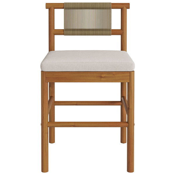 Teak outdoor counter stool with woven rope backrest and removable cream cushion || EEI-7627-NAT-SAI || front_studio