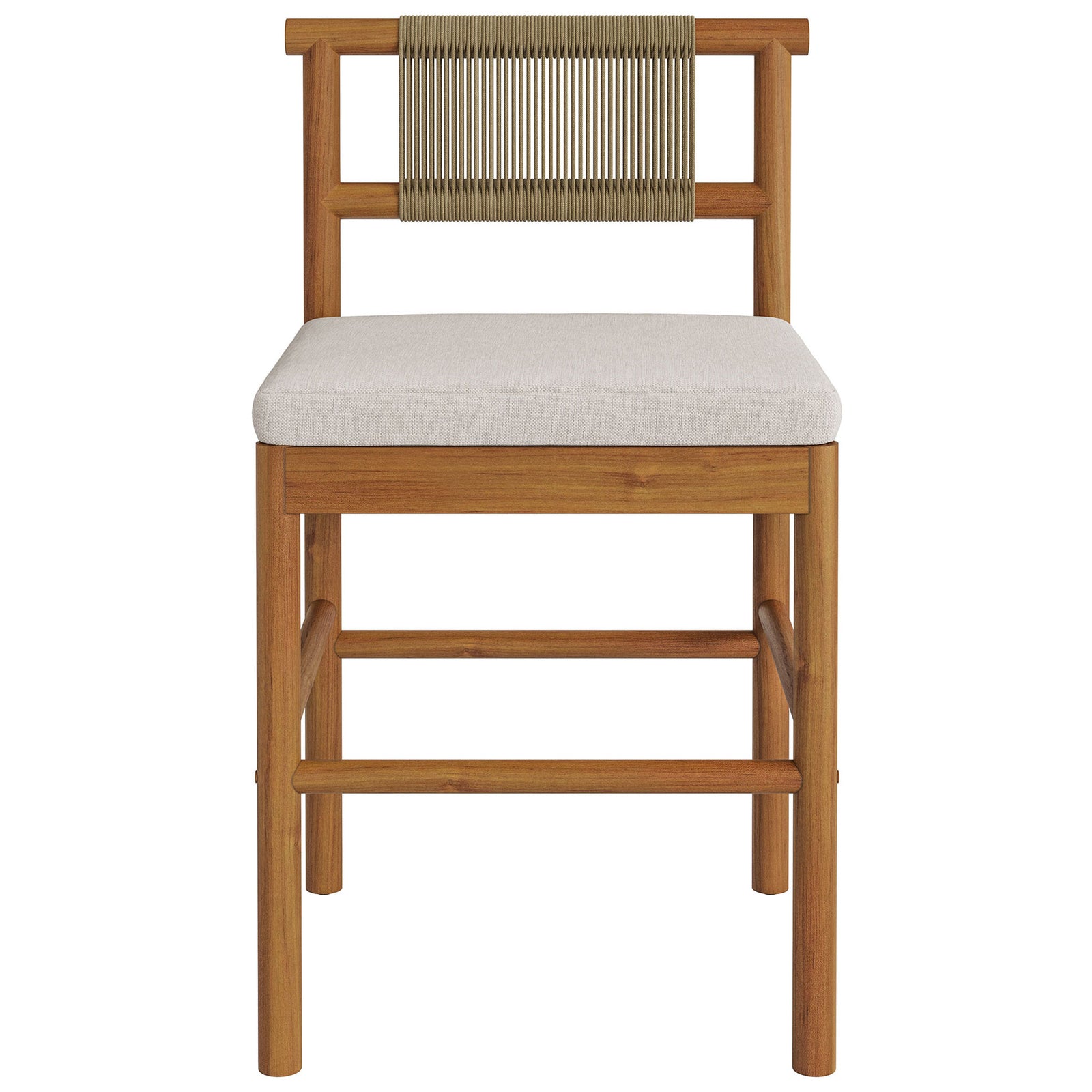 Teak outdoor counter stool with woven rope backrest and removable cream cushion || EEI-7627-NAT-SAI || front_studio