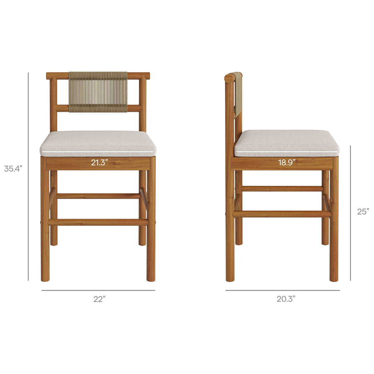 Dimensions diagram for teak counter stool with cushion showing overall height and width || EEI-7627-NAT-SAI || dimension_studio
