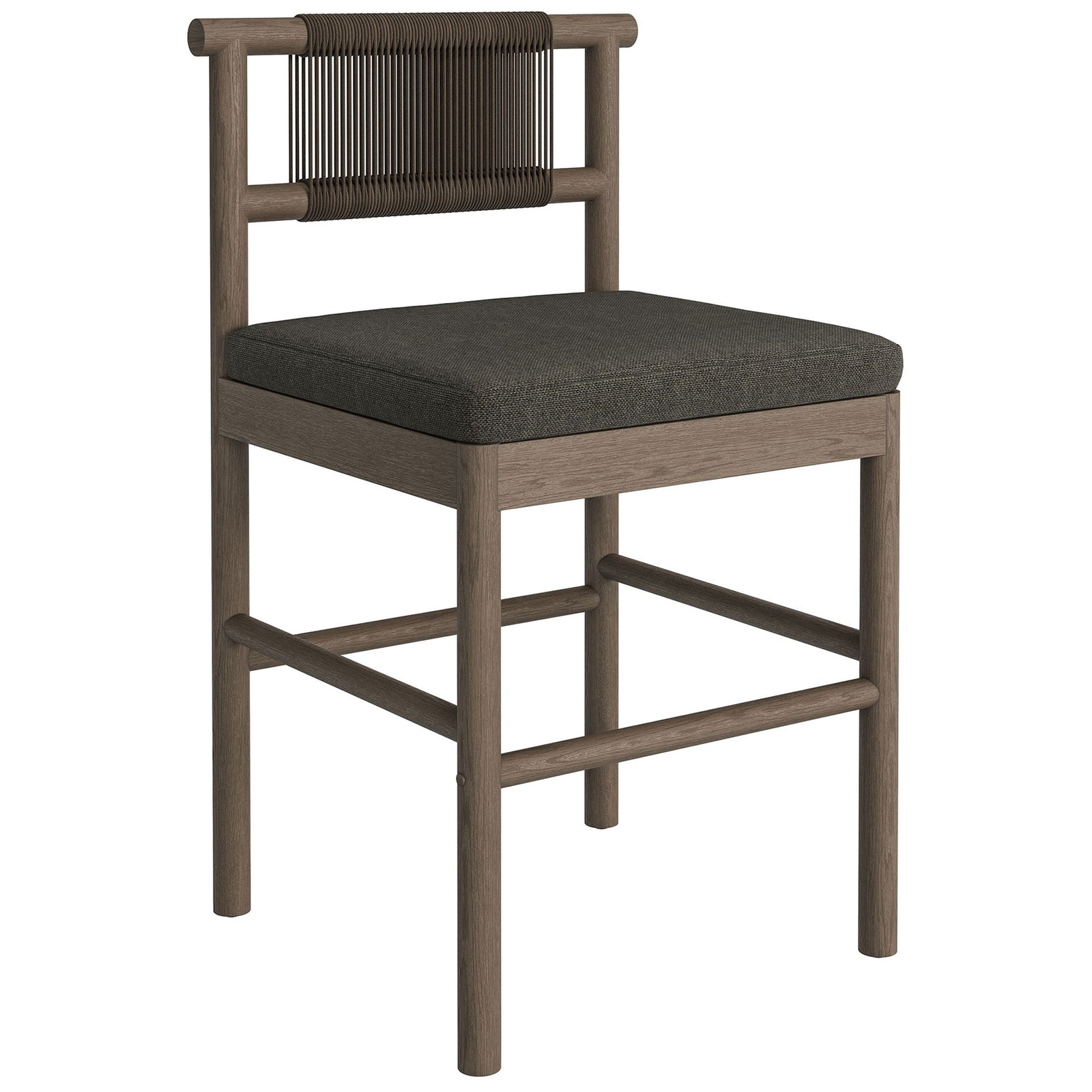 Angled view of weathered gray counter stool showcasing rope back and deep charcoal cushion || EEI-7627-WGR-FLI || front_angle_studio