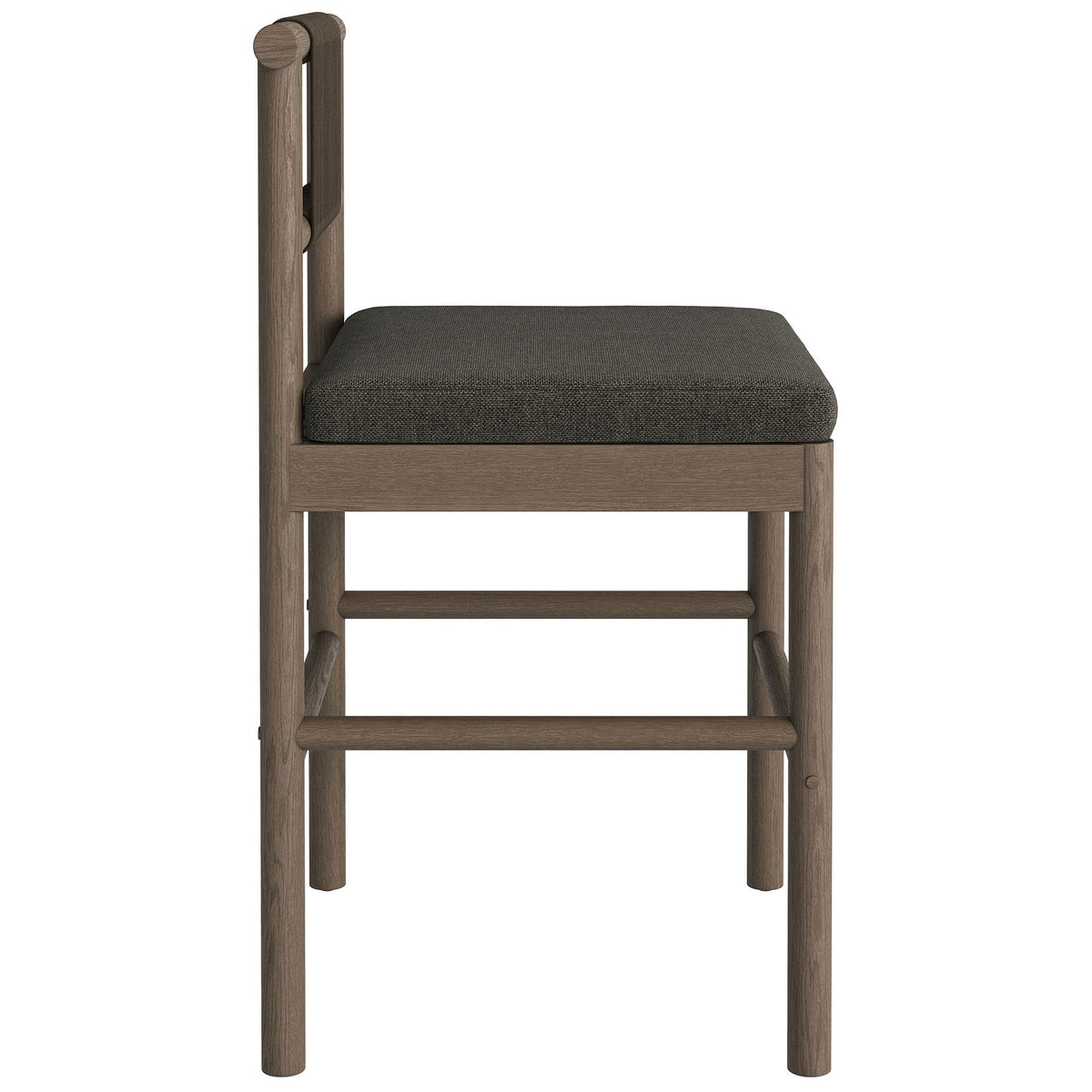 Side profile of weathered gray counter stool with sturdy legs, footrests and padded seat || EEI-7627-WGR-FLI || side_studio