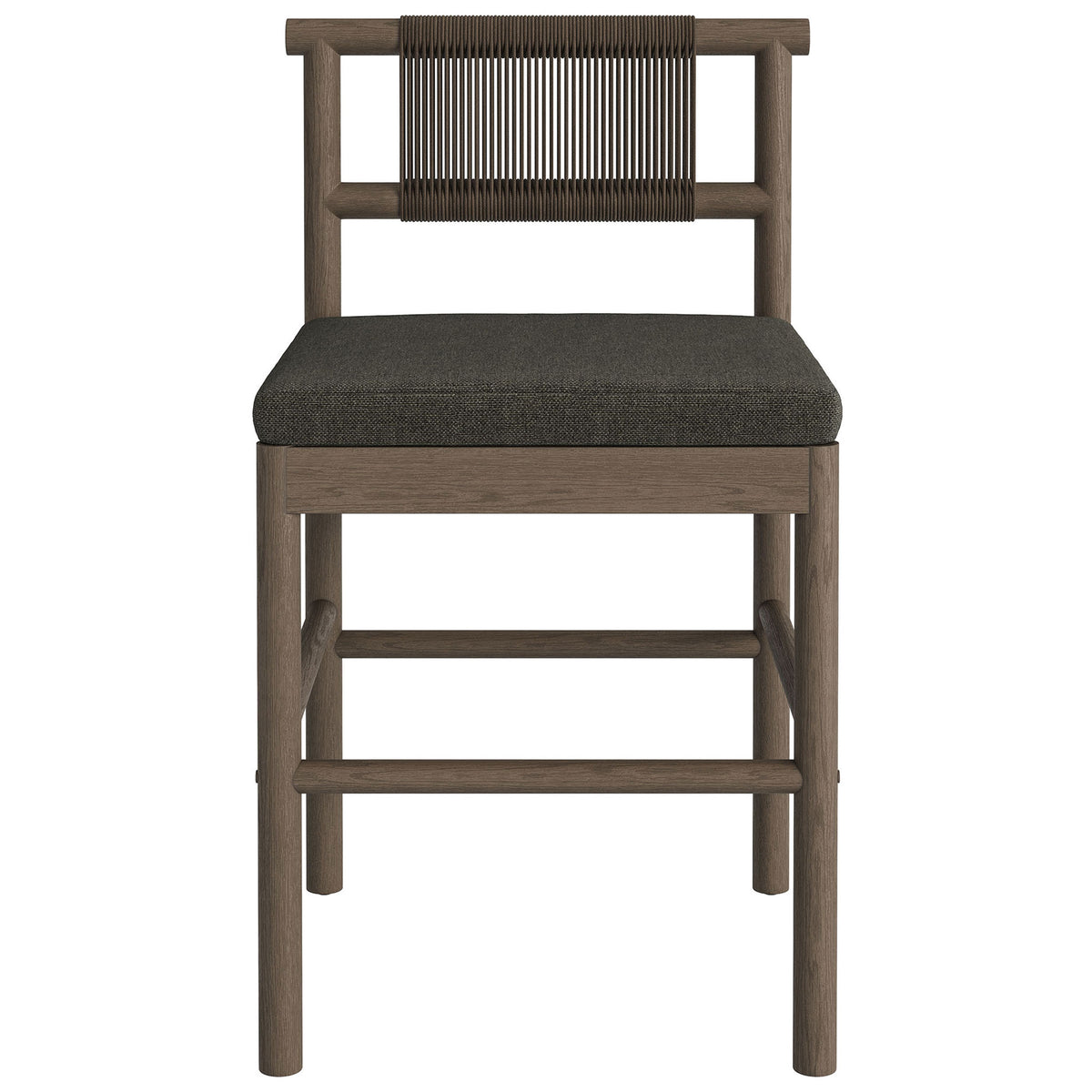 Weathered gray teak counter stool with woven rope backrest and dark charcoal cushion || EEI-7627-WGR-FLI || front_studio