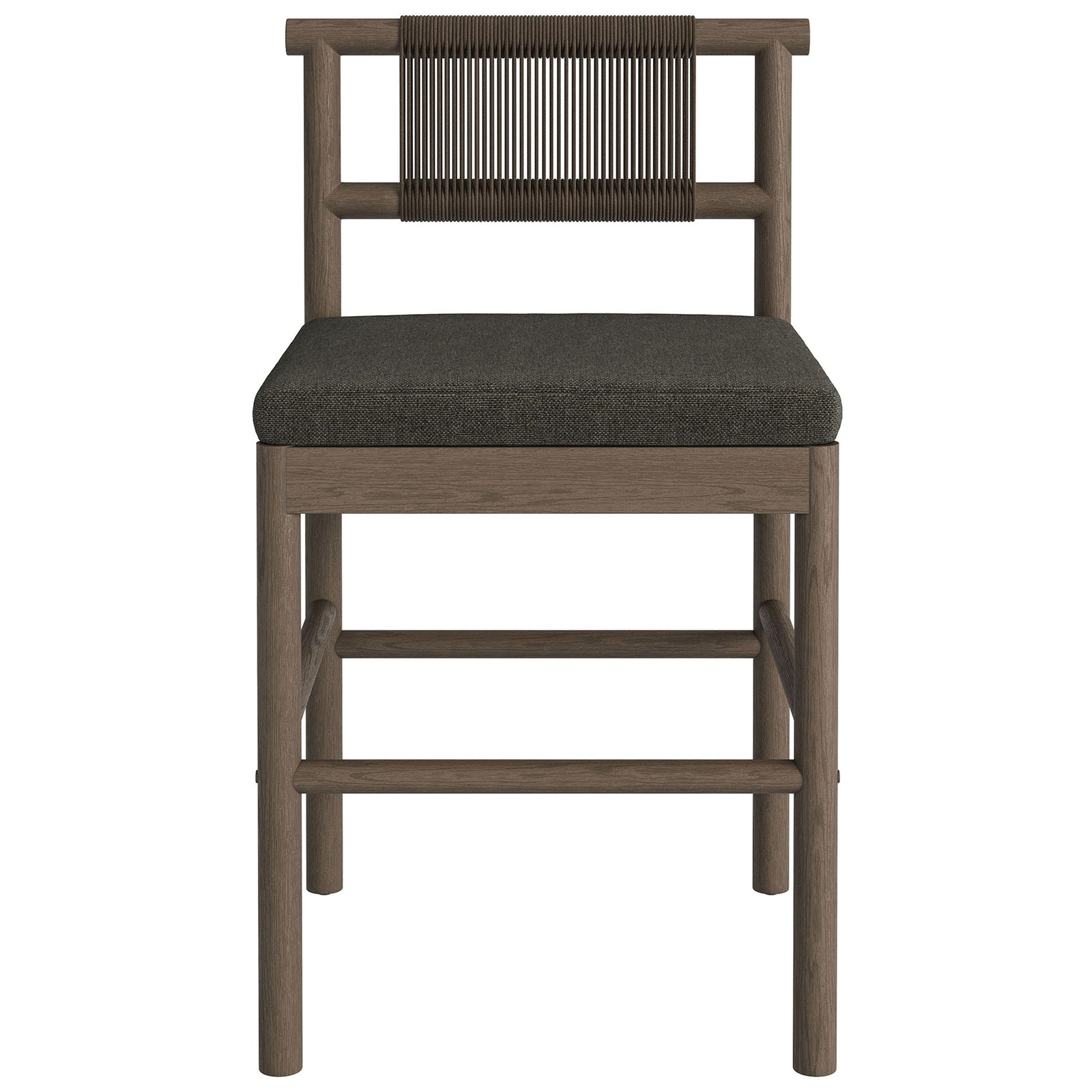 Weathered gray teak counter stool with woven rope backrest and dark charcoal cushion || EEI-7627-WGR-FLI || front_studio