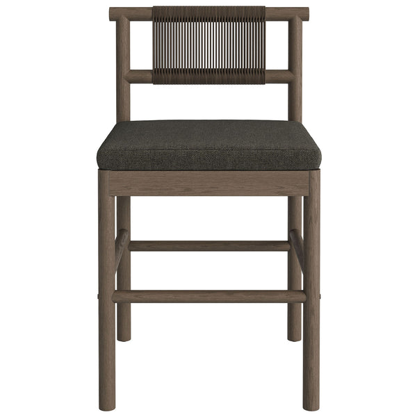 Weathered gray teak counter stool with woven rope backrest and dark charcoal cushion || EEI-7627-WGR-FLI || front_studio