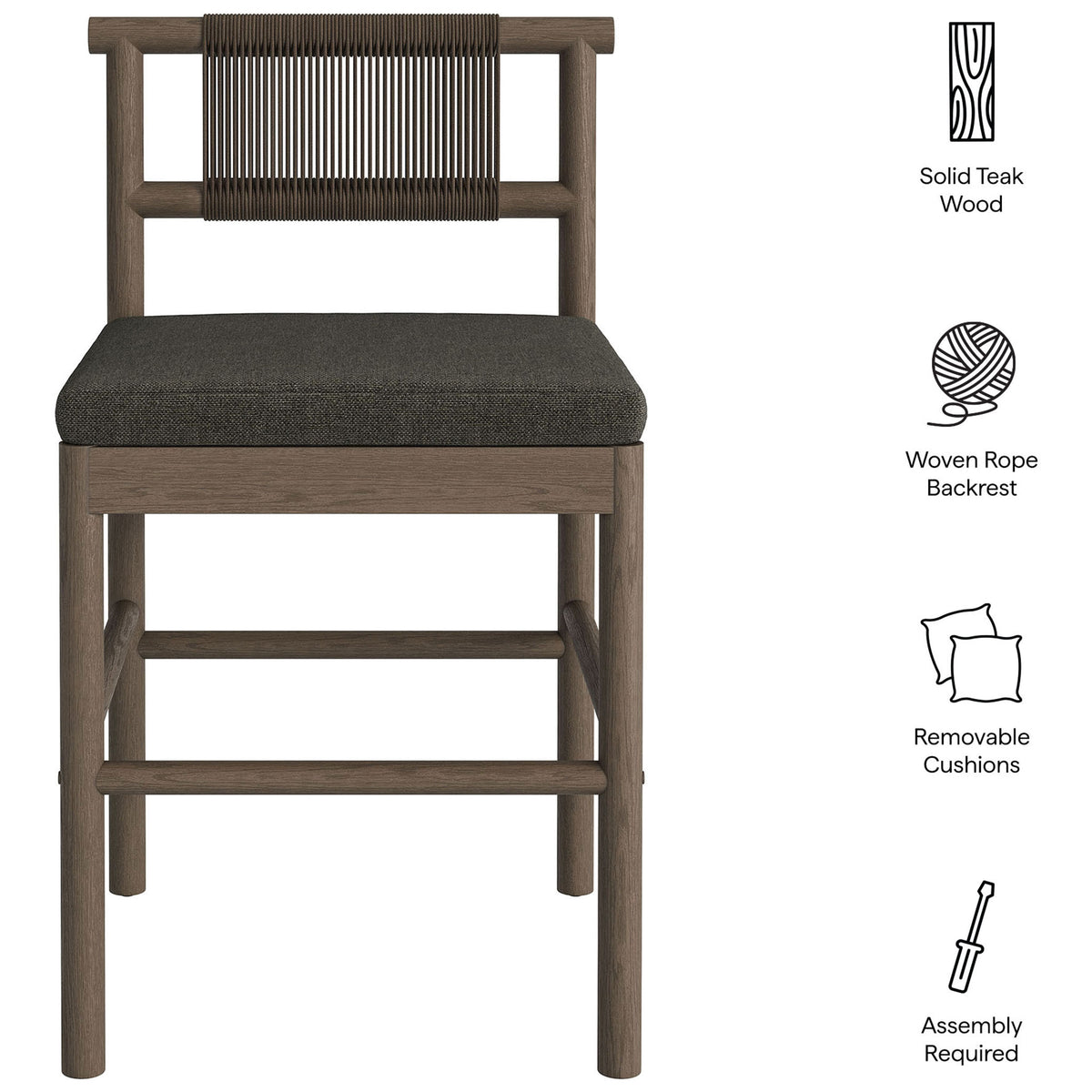 Feature callouts for weathered gray counter stool showing rope back, cushion and assembly || EEI-7627-WGR-FLI || callout_studio