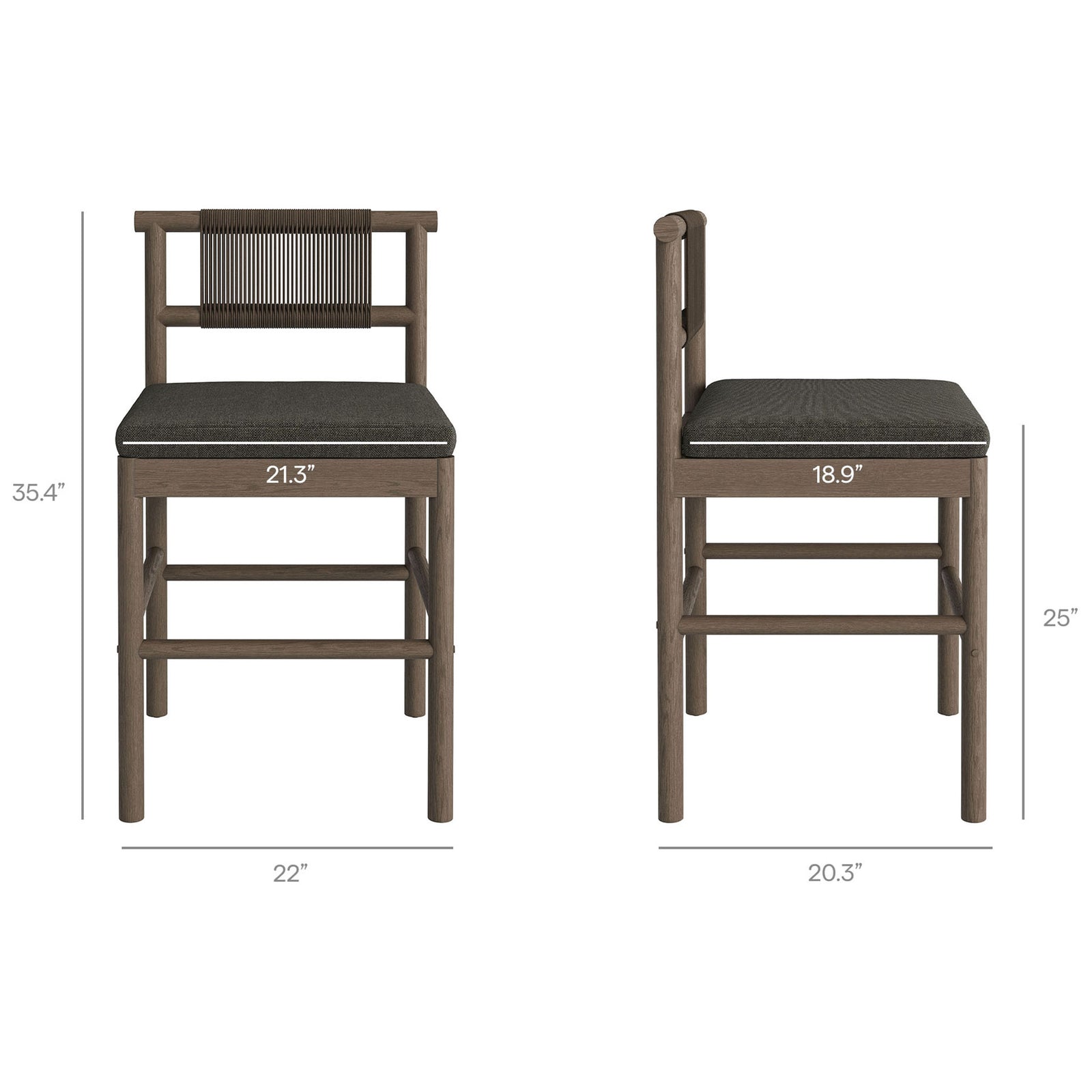 Dimensions diagram for weathered gray counter stool with cushion showing overall size || EEI-7627-WGR-FLI || dimension_studio