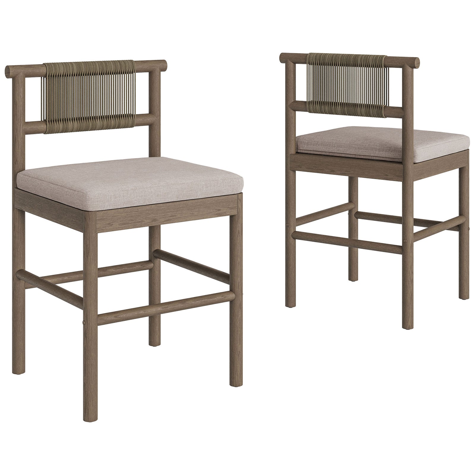 Set of two weathered gray counter stools with rope backs and pebble cushions for patios || EEI-7627-WGR-PEB || front_angle_multi_studio