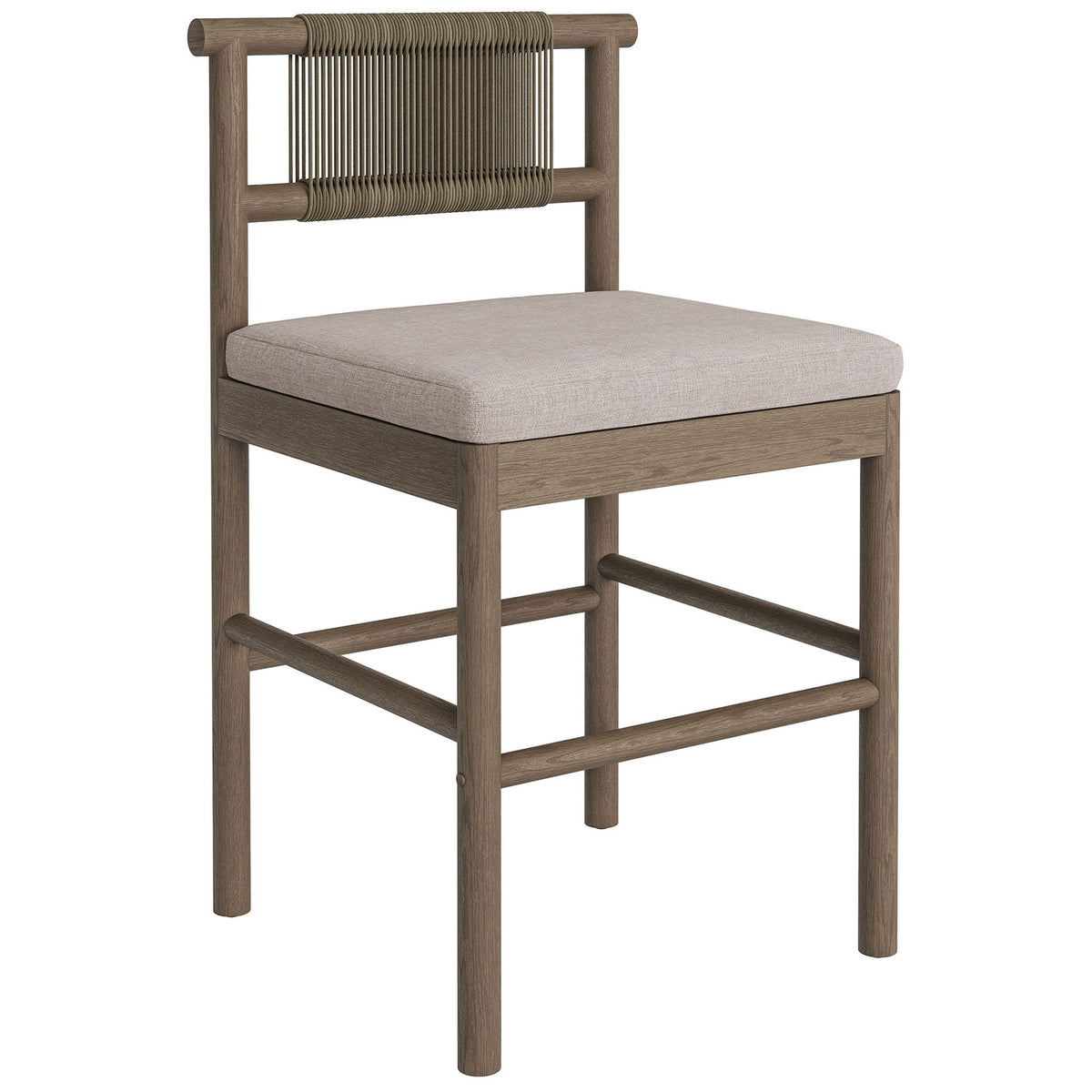 Angled view of weathered gray counter stool showcasing rope back and soft pebble cushion || EEI-7627-WGR-PEB || front_angle_studio
