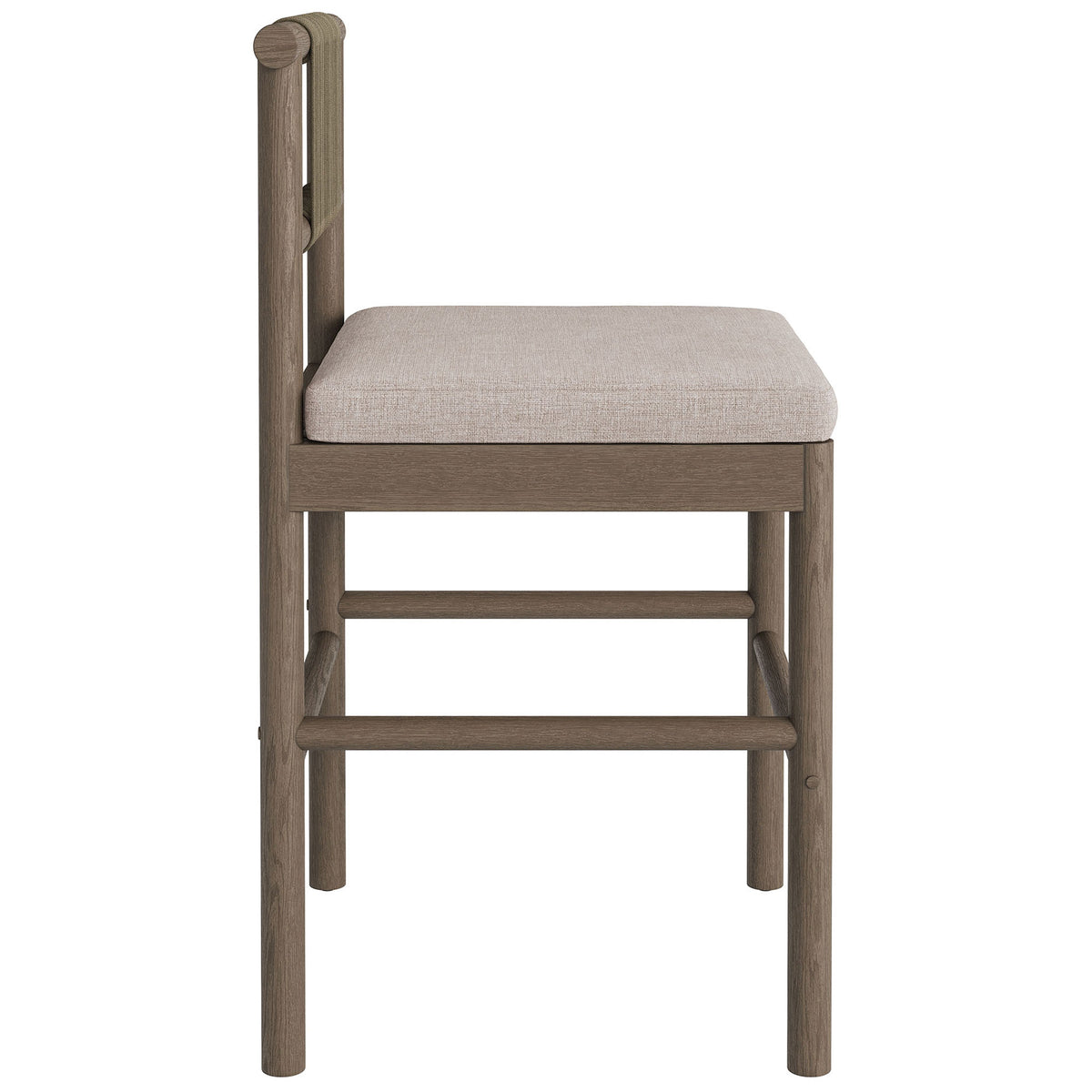 Side profile of weathered gray counter stool with sturdy legs, footrests and padded seat || EEI-7627-WGR-PEB || side_studio