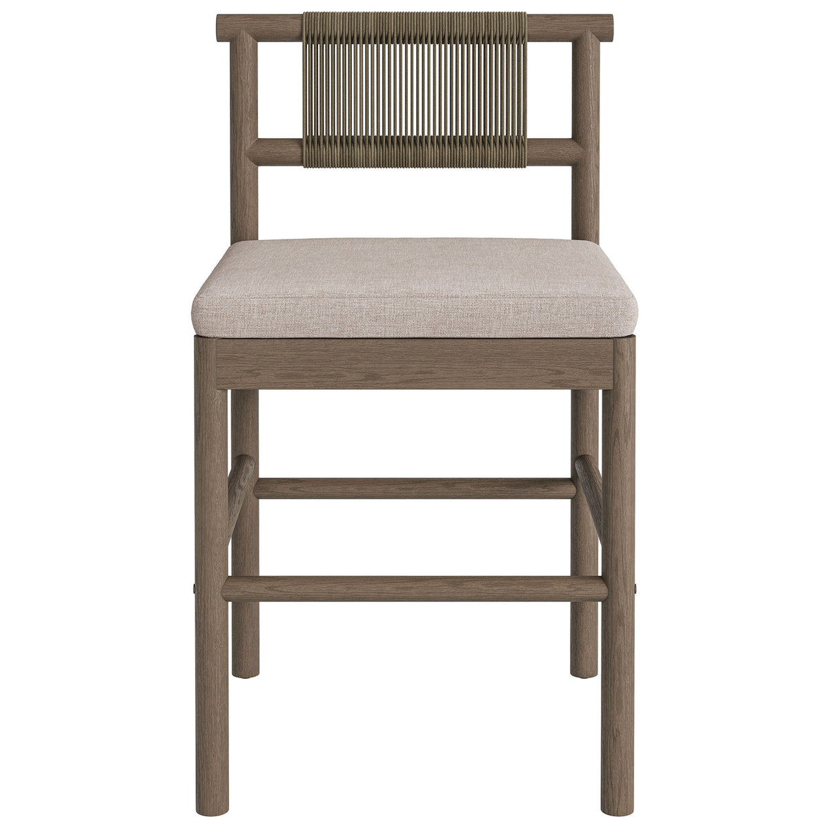 Weathered gray teak counter stool with woven rope backrest and light pebble cushion || EEI-7627-WGR-PEB || front_studio