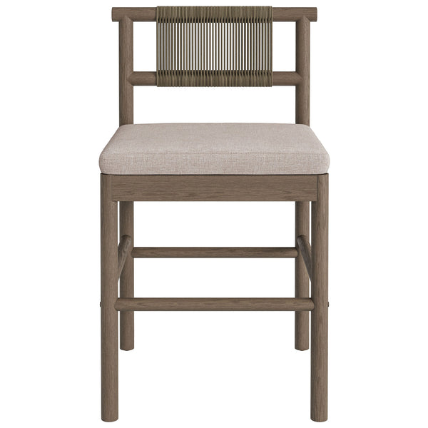 Weathered gray teak counter stool with woven rope backrest and light pebble cushion || EEI-7627-WGR-PEB || front_studio