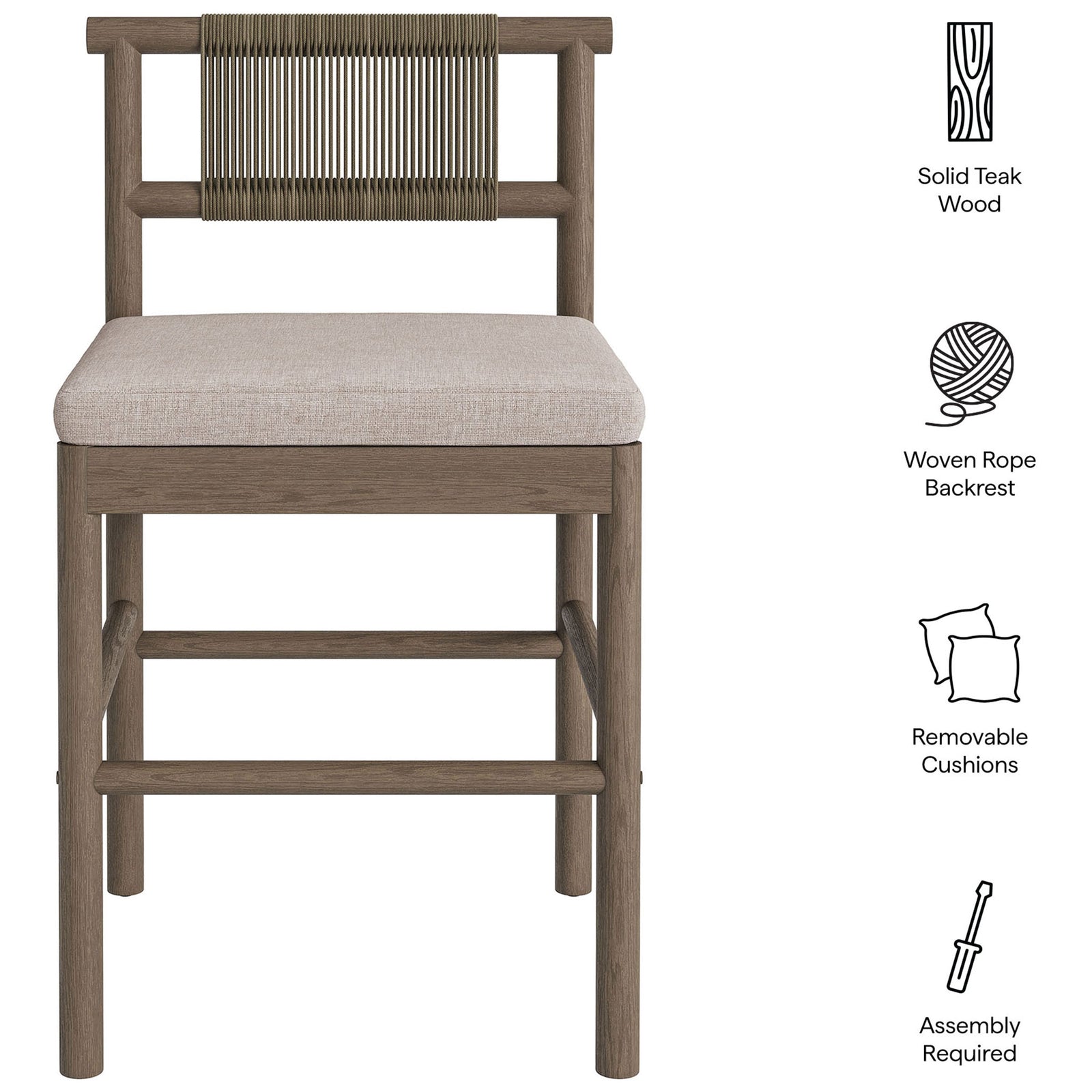 Feature callouts for weathered gray counter stool showing rope back, cushion and easy assembly || EEI-7627-WGR-PEB || callout_studio