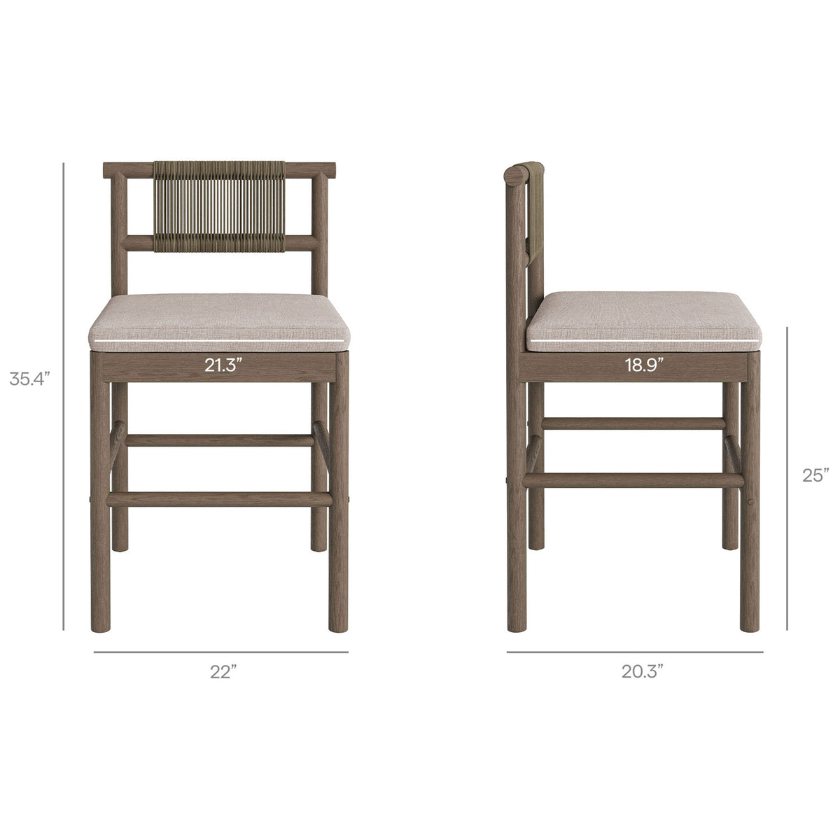 Dimensions diagram for weathered gray counter stool with pebble cushion showing overall size || EEI-7627-WGR-PEB || dimension_studio