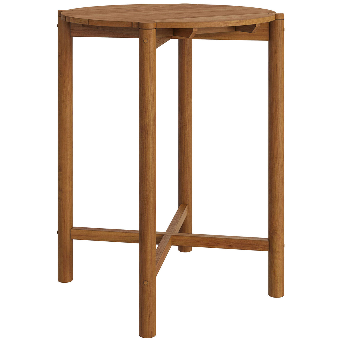 Natural teak round bar table with slatted top and crossed stretcher for coastal patios || EEI-7628-NAT || front_angle_studio