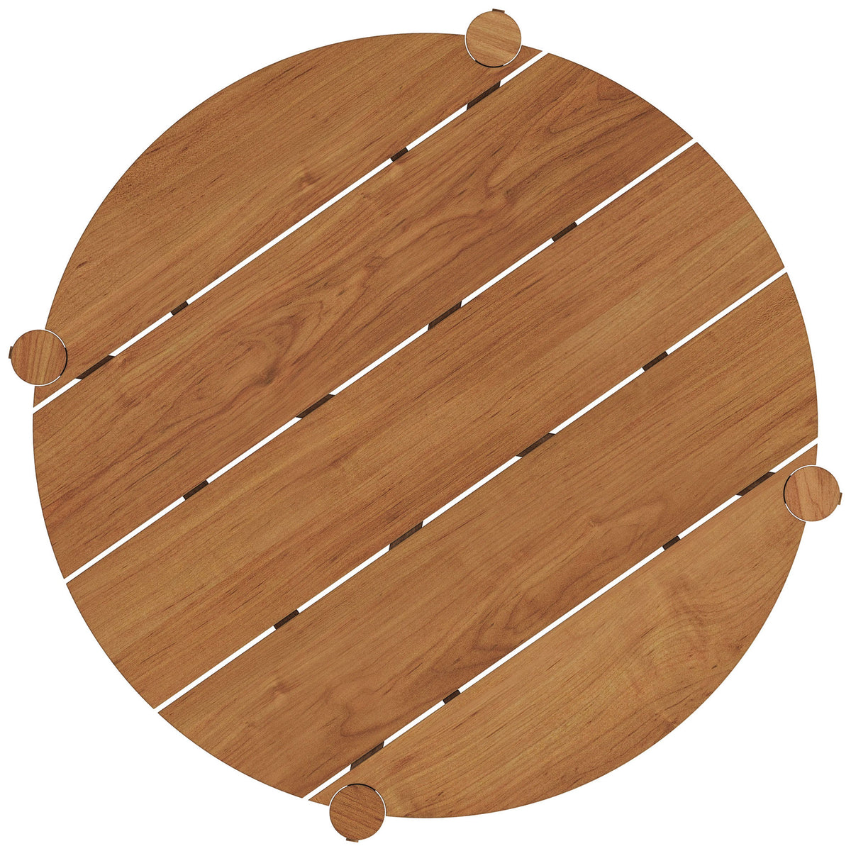 Natural teak round bar table features wide, evenly spaced slats for a clean modern tabletop || EEI-7628-NAT || top_studio