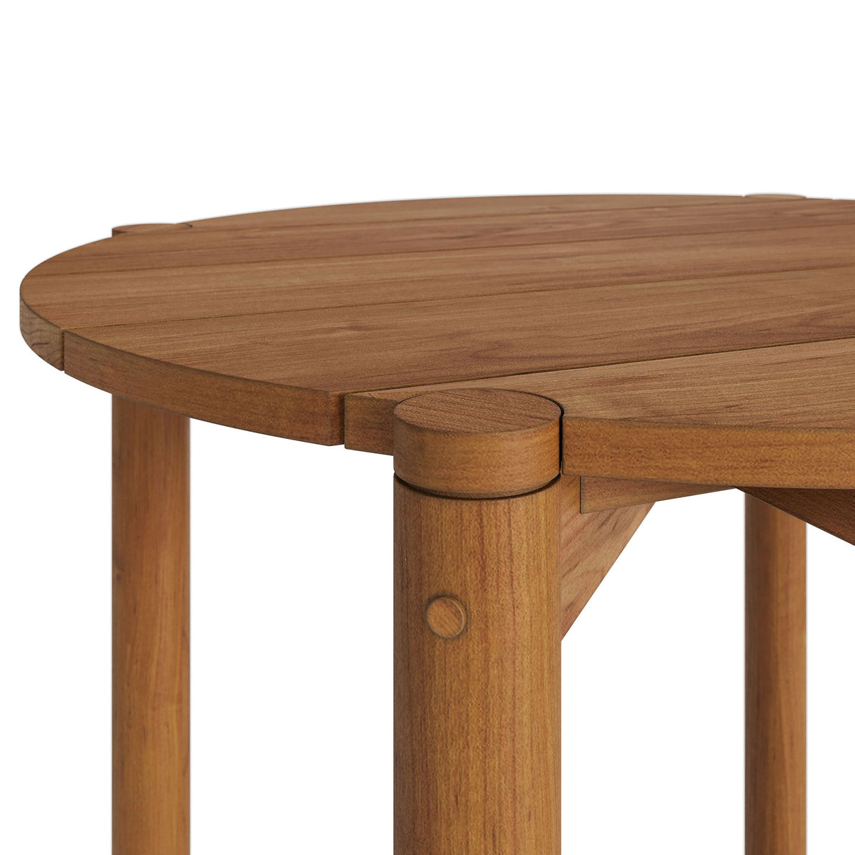 Rounded edge and smooth joinery on the natural teak round tabletop emphasize craftsmanship and quality || EEI-7628-NAT || detail_studio