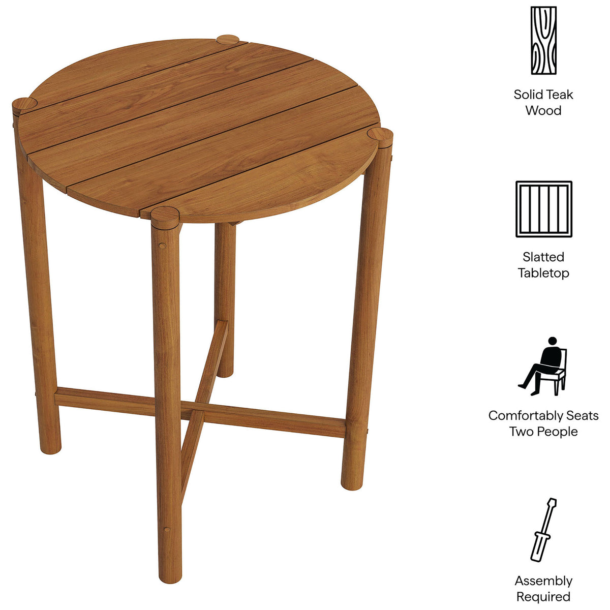 Feature callouts highlight this natural teak round bar table with slatted top and seating for two || EEI-7628-NAT || callout_studio