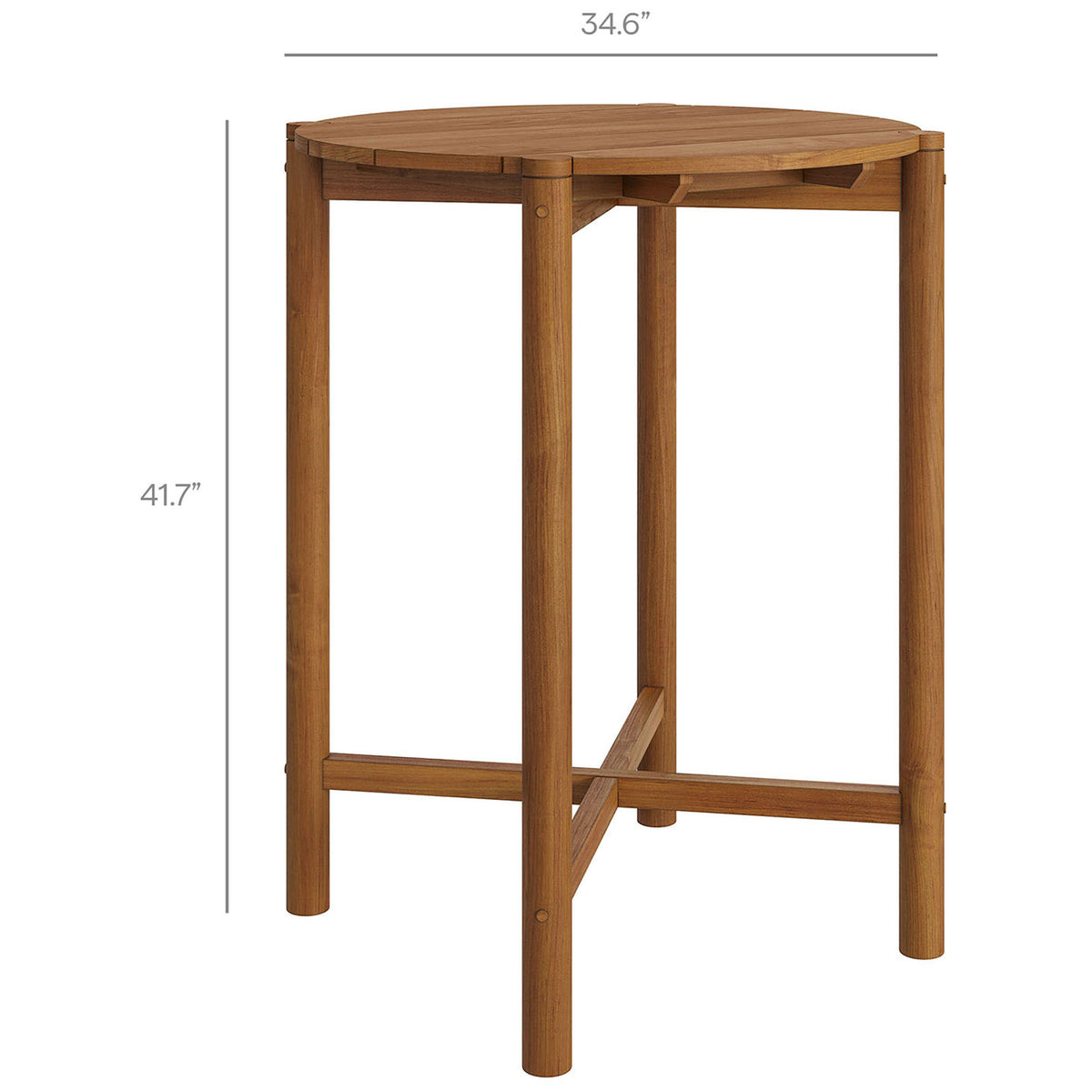 35 inch natural teak round bar table sized perfectly for compact balconies and cozy outdoor corners || EEI-7628-NAT || dimension_studio