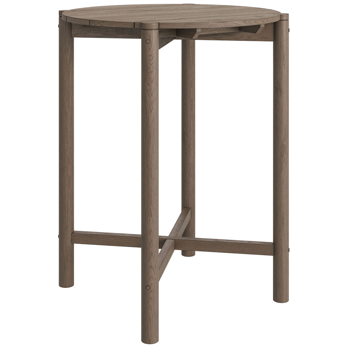 Weathered gray teak round bar table with slatted top and crossed stretcher for modern patios || EEI-7628-WGR || front_angle_studio