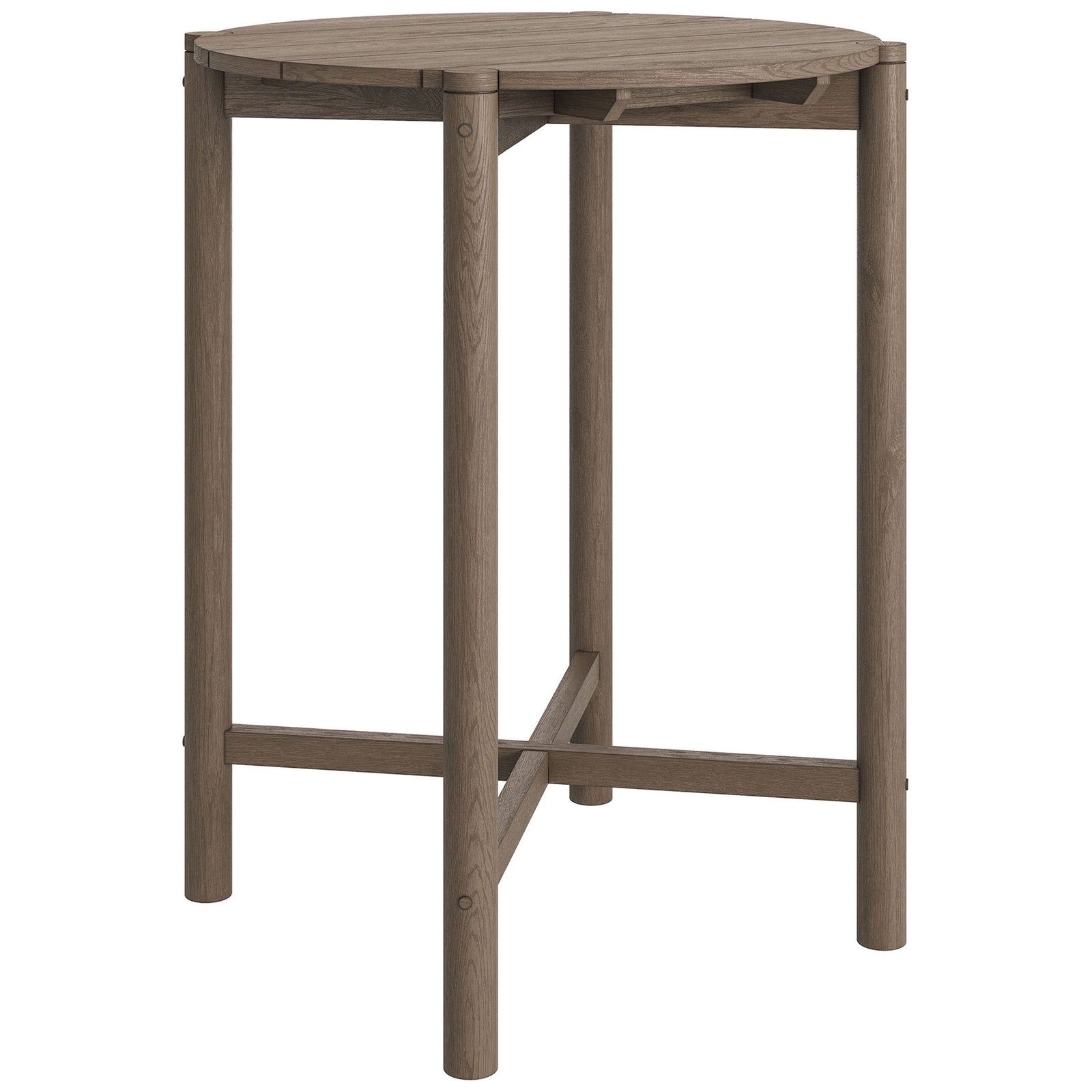 Weathered gray teak round bar table with slatted top and crossed stretcher for modern patios || EEI-7628-WGR || front_angle_studio