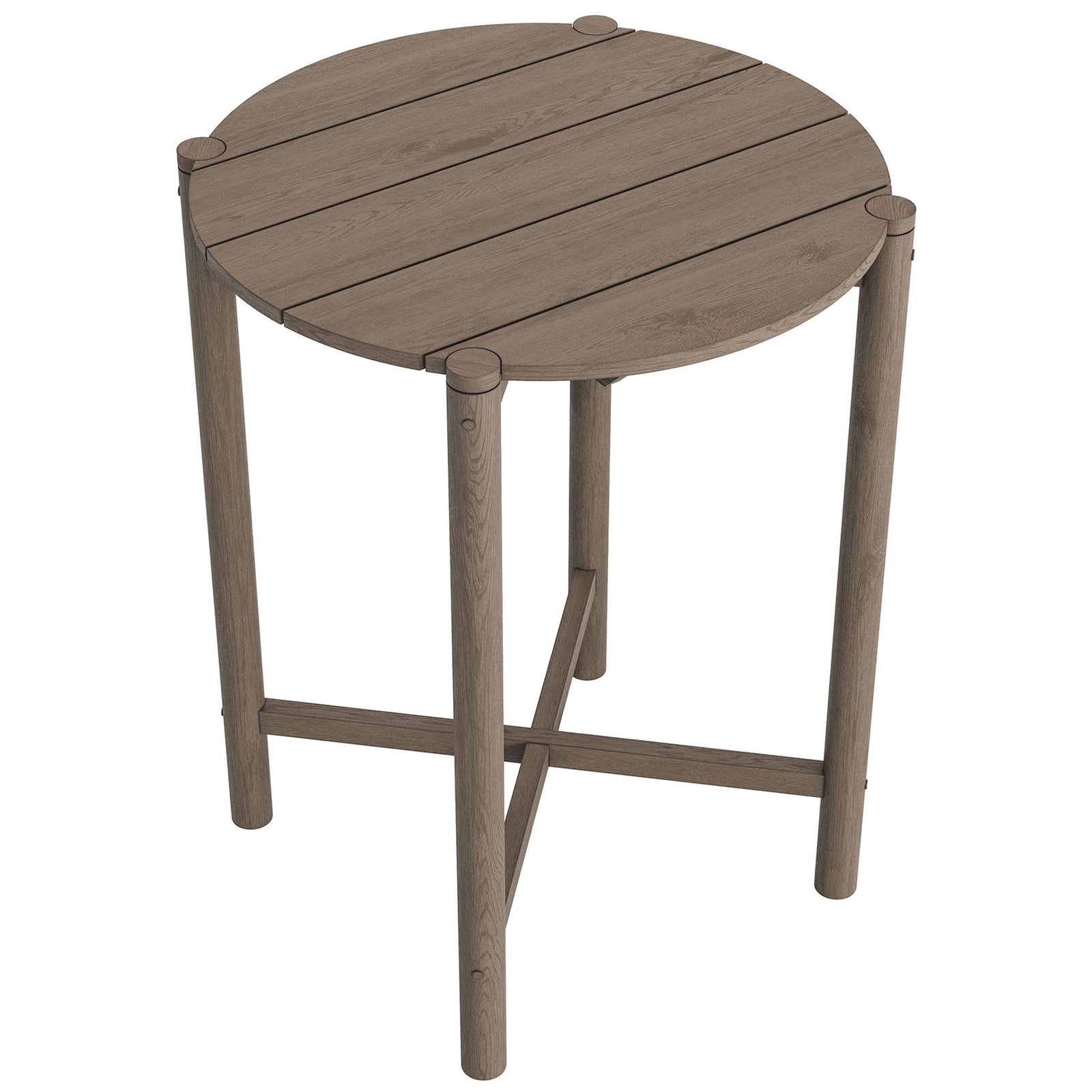 Weathered gray teak round tabletop with wide slatted planks for a clean contemporary look || EEI-7628-WGR || top_angle_studio