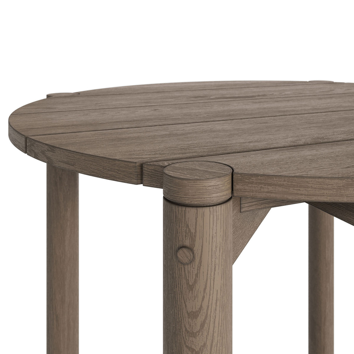 Weathered gray teak edge and refined joinery on the round bar tabletop highlight quality craftsmanship || EEI-7628-WGR || detail_studio
