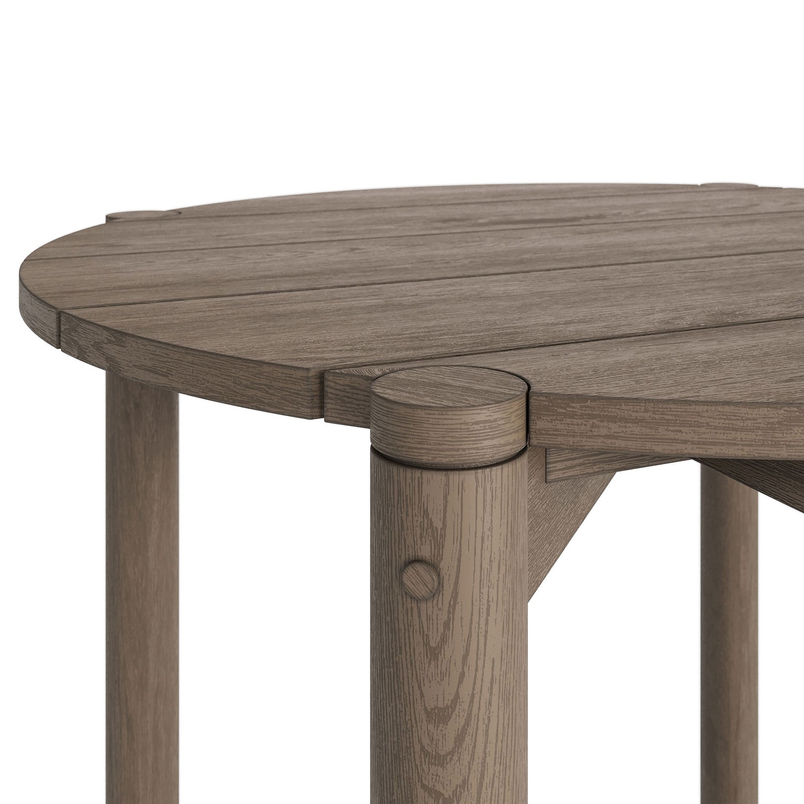 Weathered gray teak edge and refined joinery on the round bar tabletop highlight quality craftsmanship || EEI-7628-WGR || detail_studio