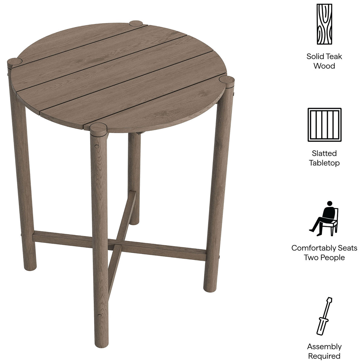 Feature callouts highlight this weathered gray teak round bar table with slatted top and seating for two || EEI-7628-WGR || callout_studio
